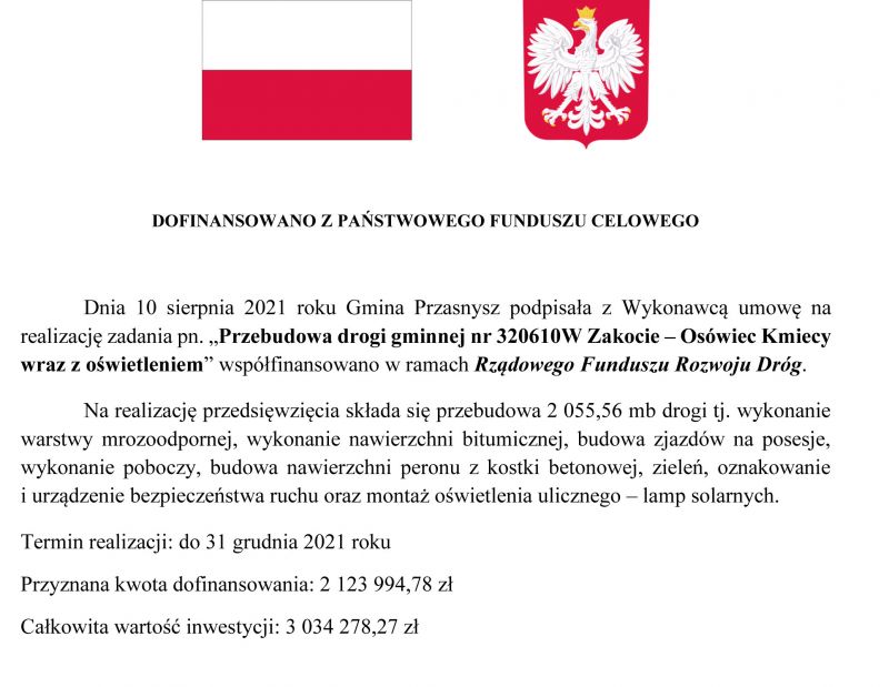 Informacja na stronę - droga Zakocie - Osówiec