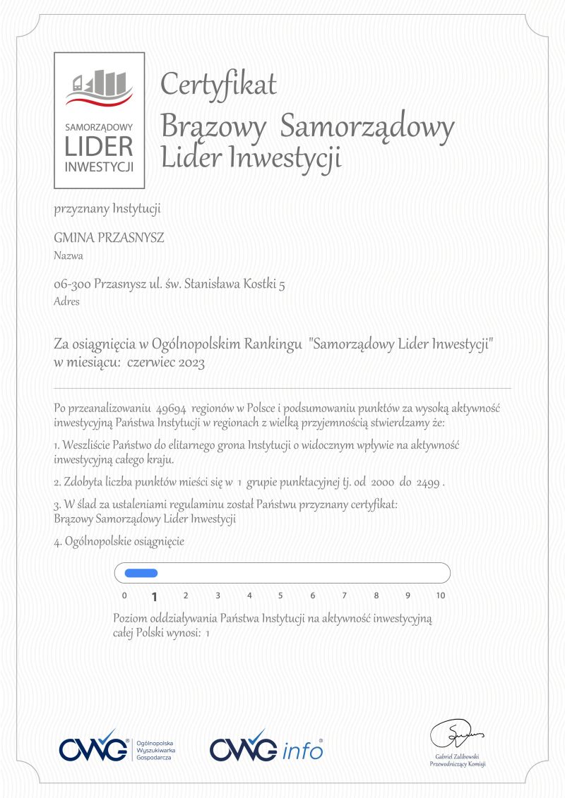 Certyfikat - GMINA PRZASNYSZ