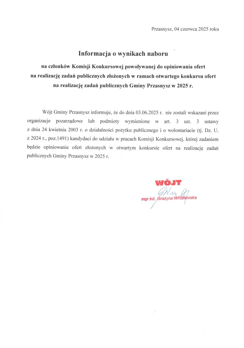 Informacja o wynikach naboru